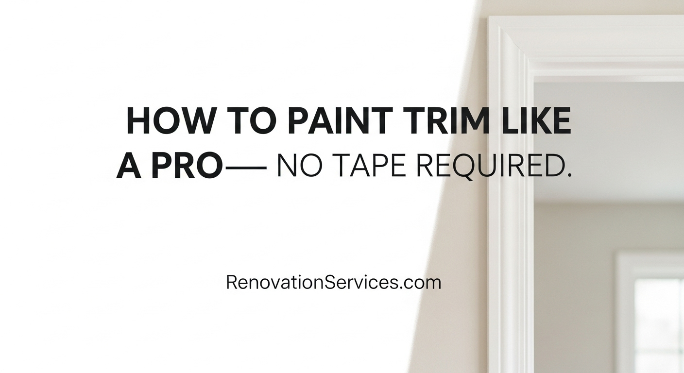 Painter brushing crisp white enamel onto door trim; headline overlay reads “How to Paint Trim Like a Pro—No Tape Required.”