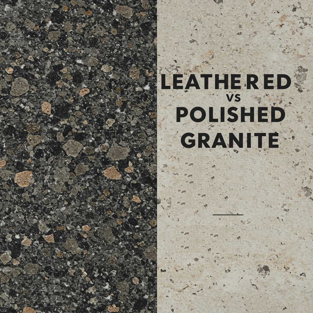 Side-by-side swatches showing a dark leathered granite texture next to a light polished granite surface with the title “Leathered vs Polished Granite”.