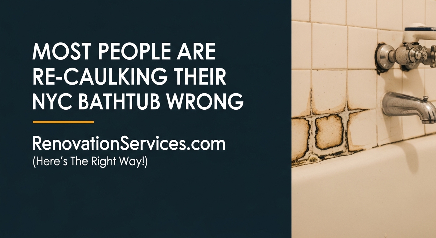 Moldy bathtub caulk in an NYC bathroom, illustrating common re-caulking mistakes - RenovationServices.com guide.
