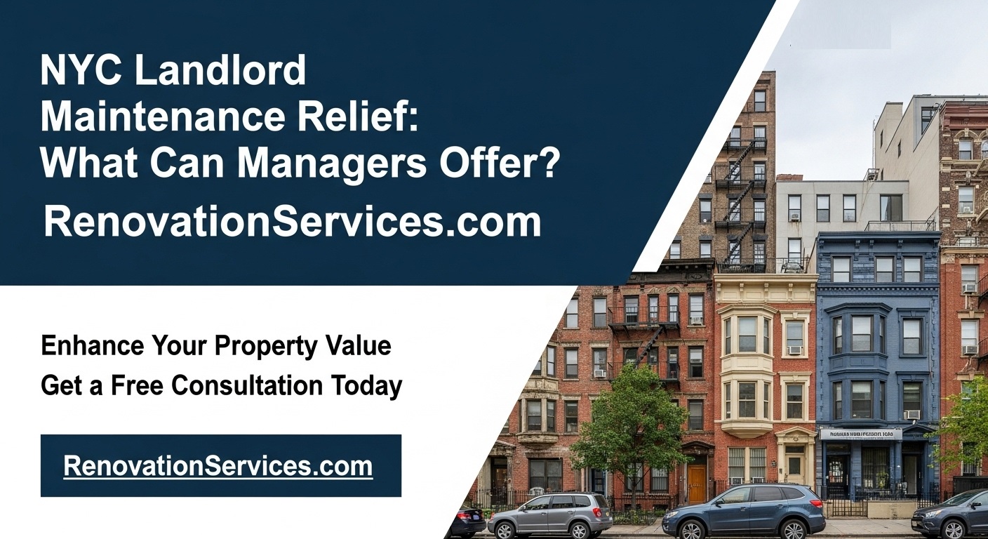 NYC apartment buildings with text overlay: NYC Landlord Maintenance Relief: What Can Managers Offer? RenovationServices.com