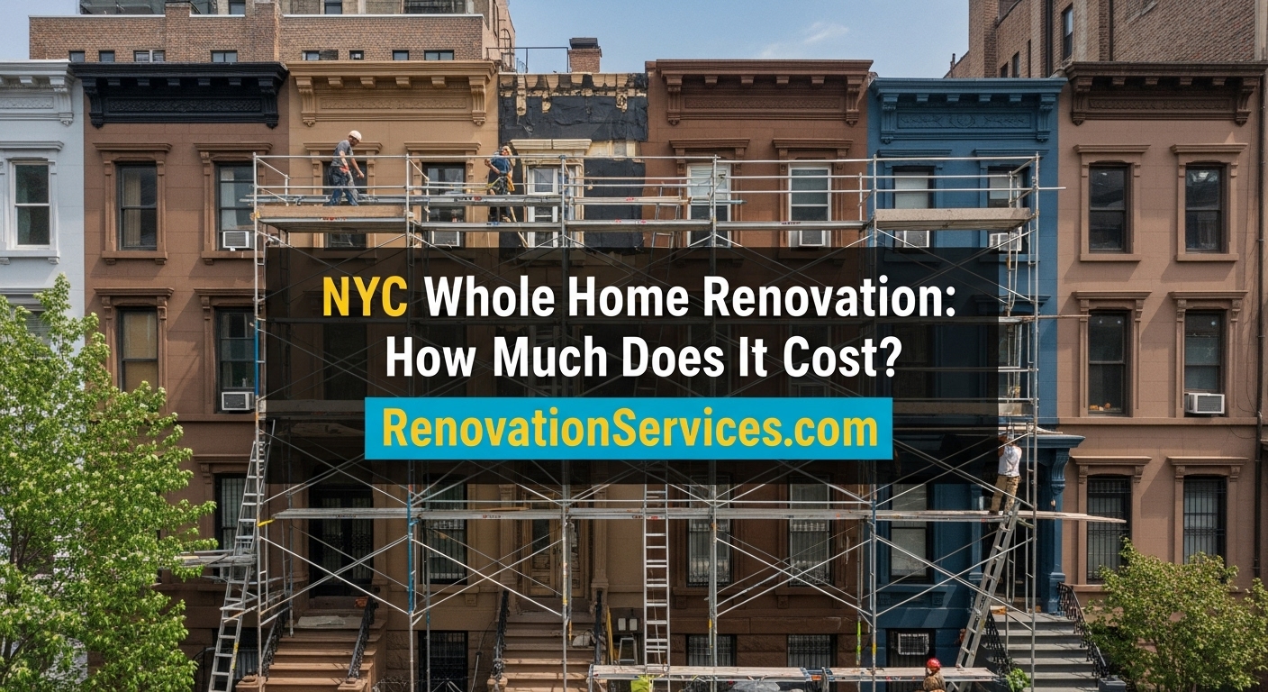 Scaffolding on NYC brownstone rowhouses with headline text overlay reading “NYC Whole Home Renovation: How Much Does It Cost?”