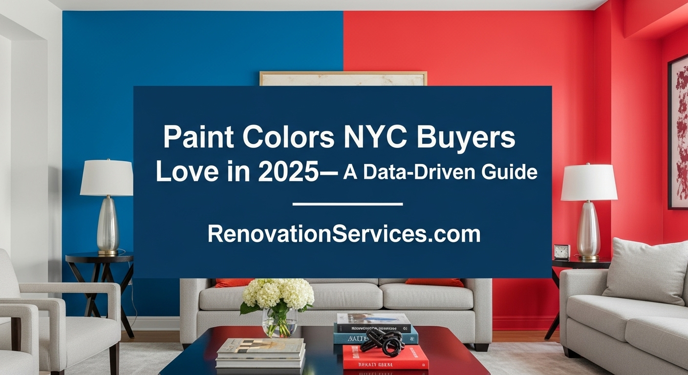 Living room split between vivid red and bold blue feature walls; headline overlay reads “Paint Colors NYC Buyers Love in 2025—A Data-Driven Guide”.