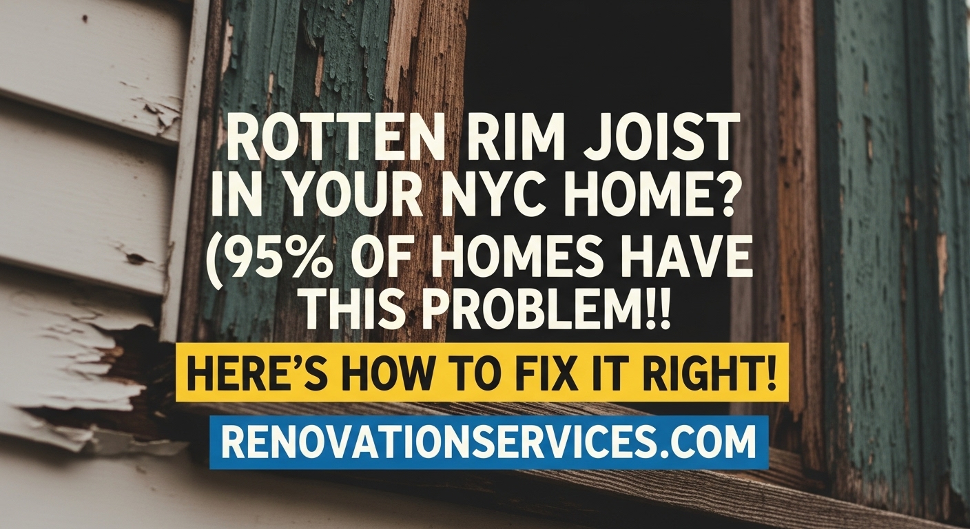 Rotten rim joist visible in an NYC home with text: Rotten Rim Joist in Your NYC Home? Here's How to Fix It Right! RenovationServices.com.
