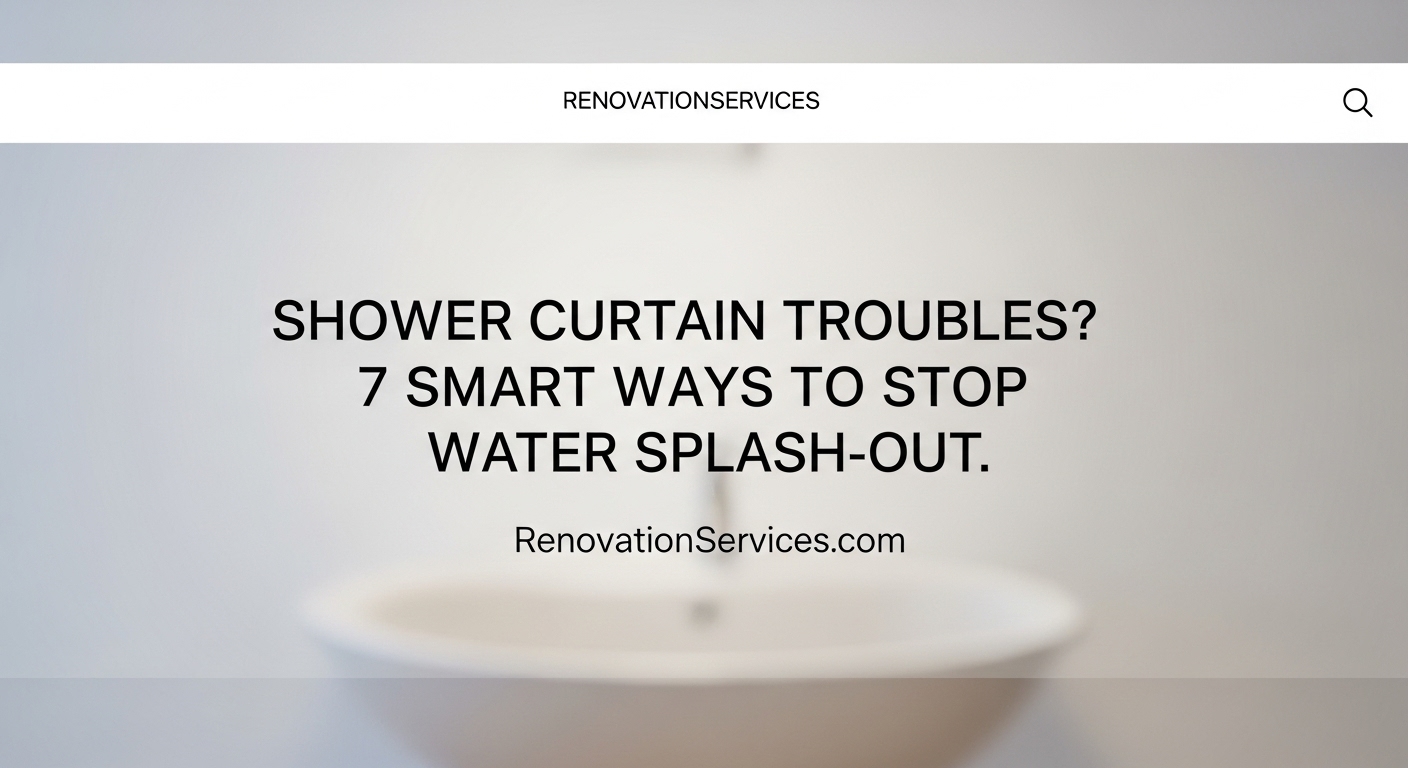 Modern NYC shower with half-glass panel and water splash, over-laid headline “Shower Curtain Troubles? 7 Smart Ways to Stop Water Splash-Out”.