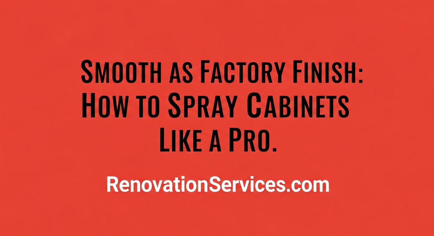 Painter using HVLP gun to spray white enamel onto cabinet doors; headline overlay reads “Smooth as Factory Finish: How to Spray Cabinets Like a Pro.”