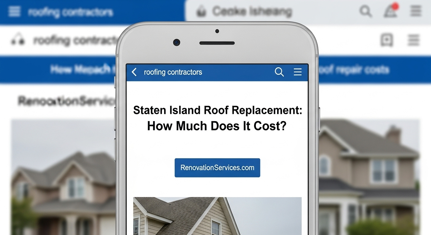 Smartphone screen showing the blog title “Staten Island Roof Replacement: How Much Does It Cost?” with a blurred house roof behind it.
