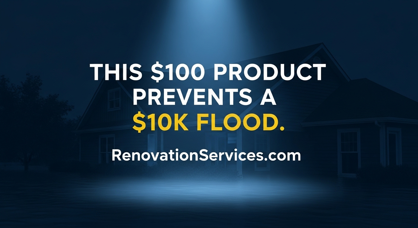 House exterior with text overlay: This $100 Product Prevents a $10K Flood - RenovationServices.com guide to prevent burst pipes NYC.