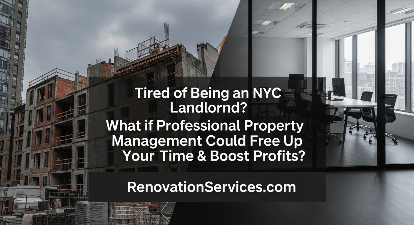 NYC skyline with blueprints, illustrating professional property management NYC benefits for landlords by RenovationServices.com.