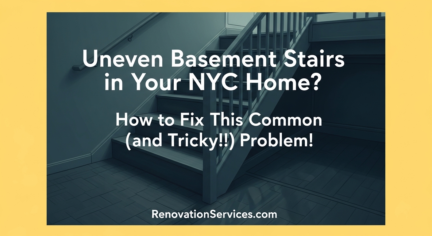 Guide to fixing uneven basement stairs in an NYC home by RenovationServices.com, ensuring safety and code compliance.
