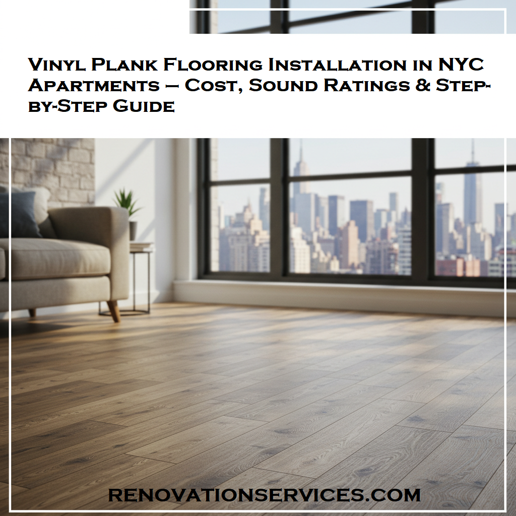 Bright NYC apartment with wide-plank vinyl flooring, large skyline windows and the headline “Vinyl Plank Flooring Installation in NYC Apartments”.