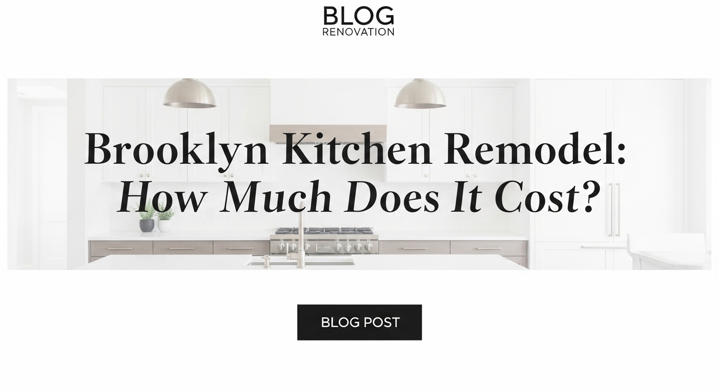 Bright modern white kitchen with center island and stainless-steel range, over-laid with the headline “Brooklyn Kitchen Remodel: How Much Does It Cost?”
