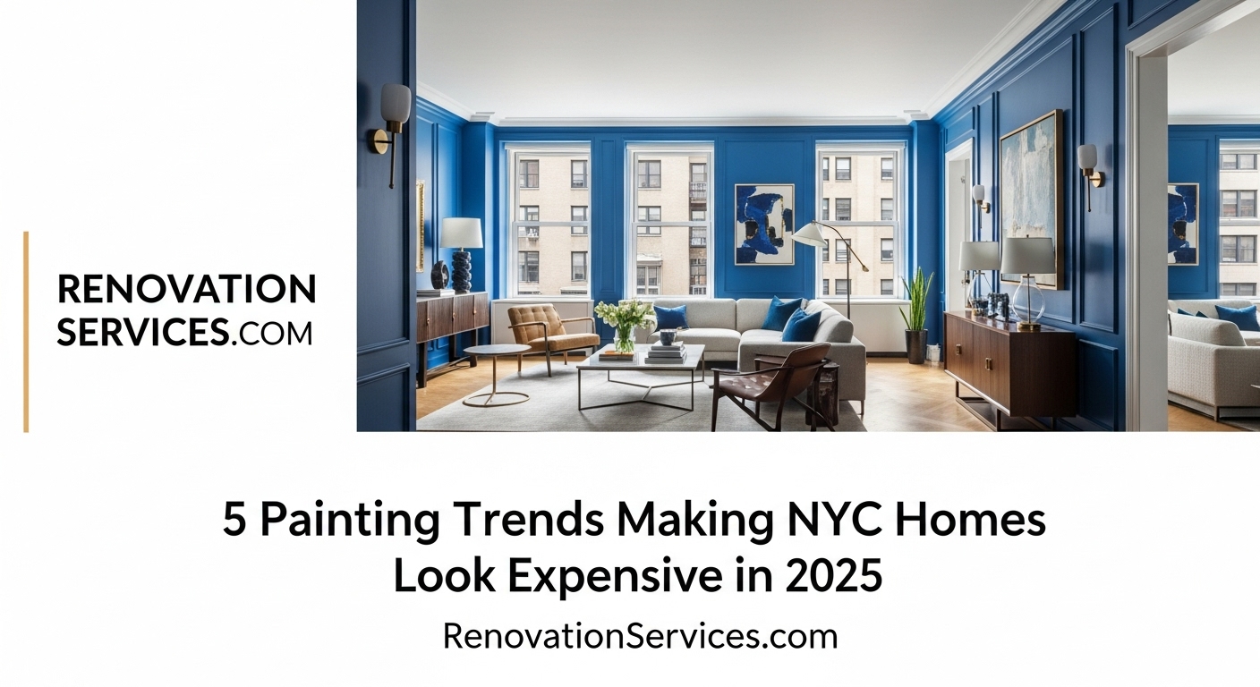 A living room demonstrating an expensive paint trend for 2025 with walls and trim painted in a moody, dark green.