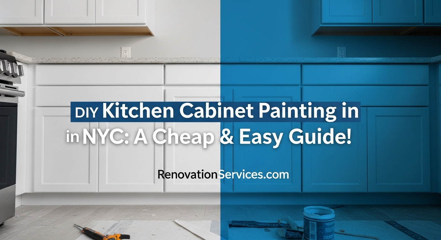 Before and after of DIY kitchen cabinet painting in NYC, showing a transformation to modern white cabinets.