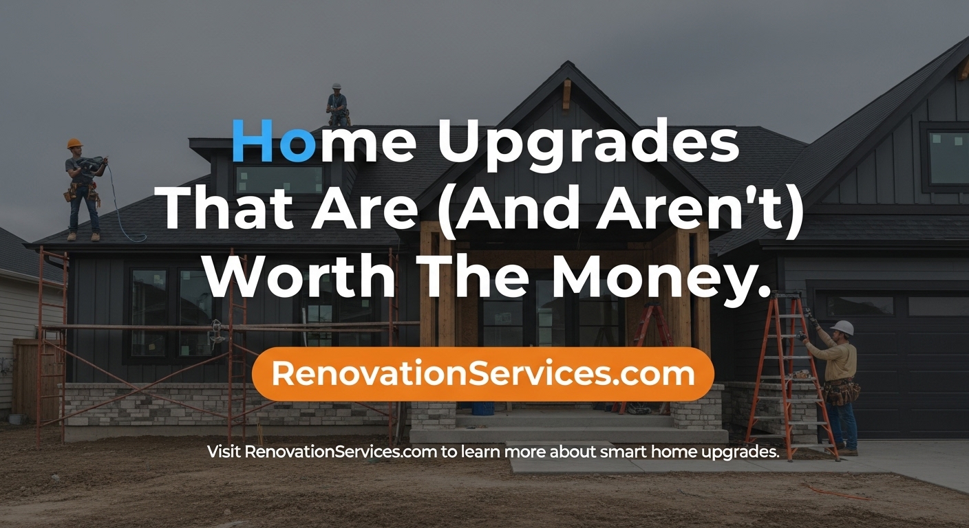 A graphic with the text 'Home Upgrades That Are (And Aren't) Worth The Money' from Renovationservices.com.