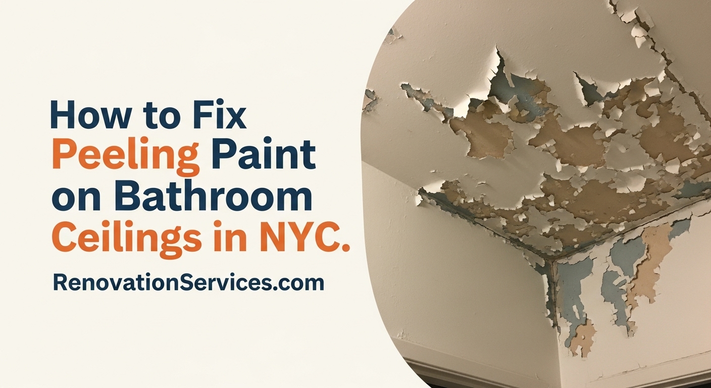 A close-up of a hand using a putty knife to scrape peeling white paint off a bathroom ceiling before a repair.
