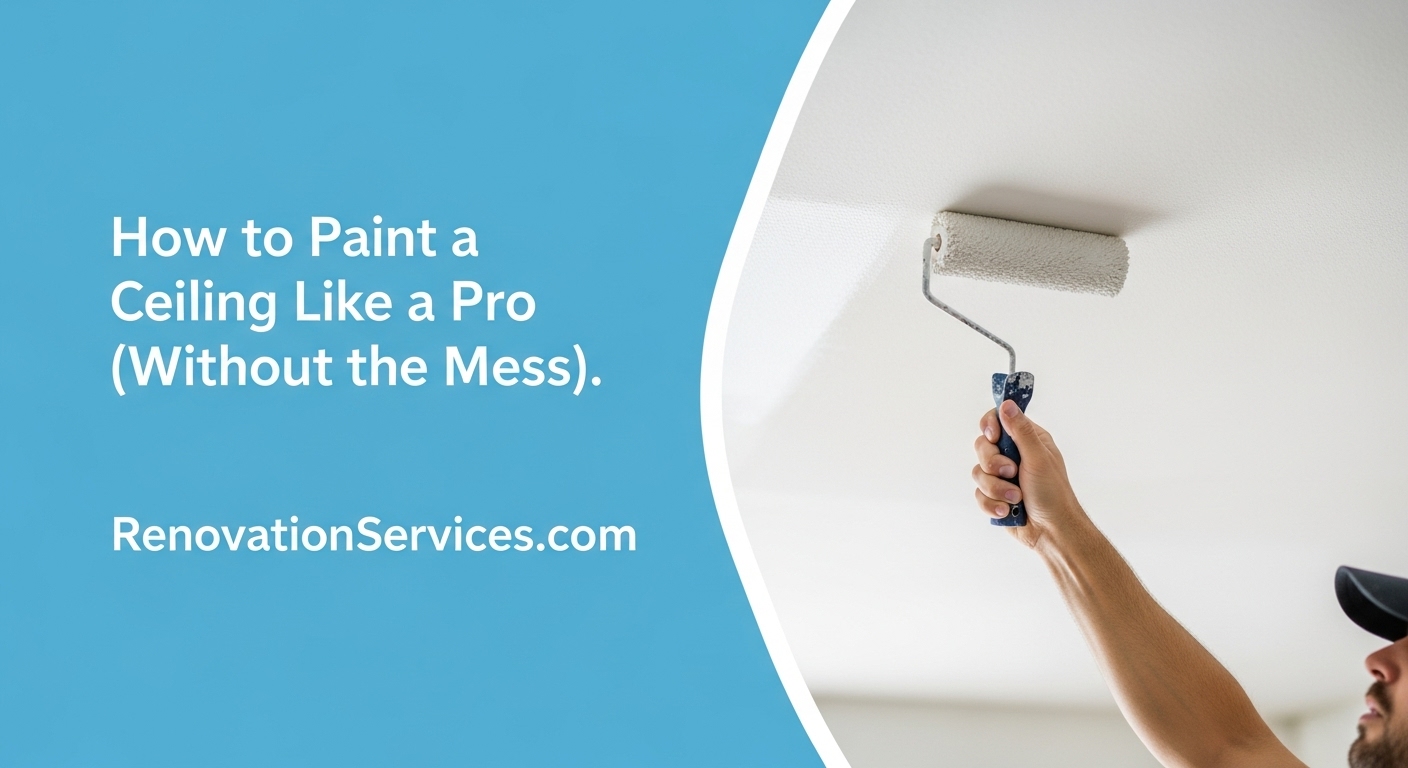 A close-up view of a professional painter's hand carefully cutting in the edge of a white ceiling with an angled brush next to a blue-taped wall, a demonstration of proper ceiling painting technique from the experts at Renovationservices.com, ensuring a clean line and a professional result for NYC homes.