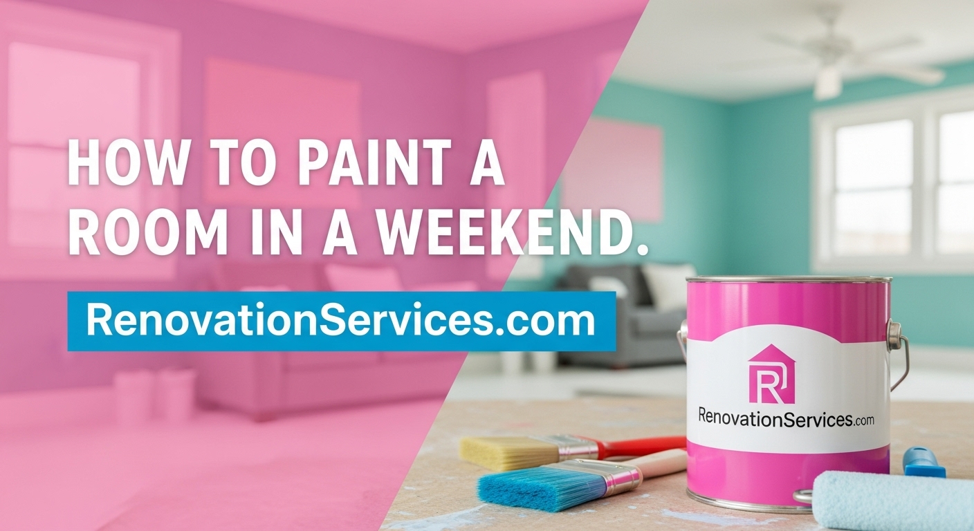 A room being painted over a weekend, with a ladder and paint supplies, a project managed by Renovationservices.com.