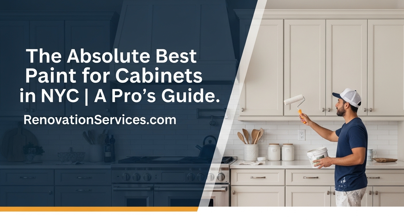 A close-up of a flawless, professionally painted gray cabinet door, showcasing the best paint for cabinets in NYC as recommended by the experts at Renovationservices.com for a durable, factory finish.