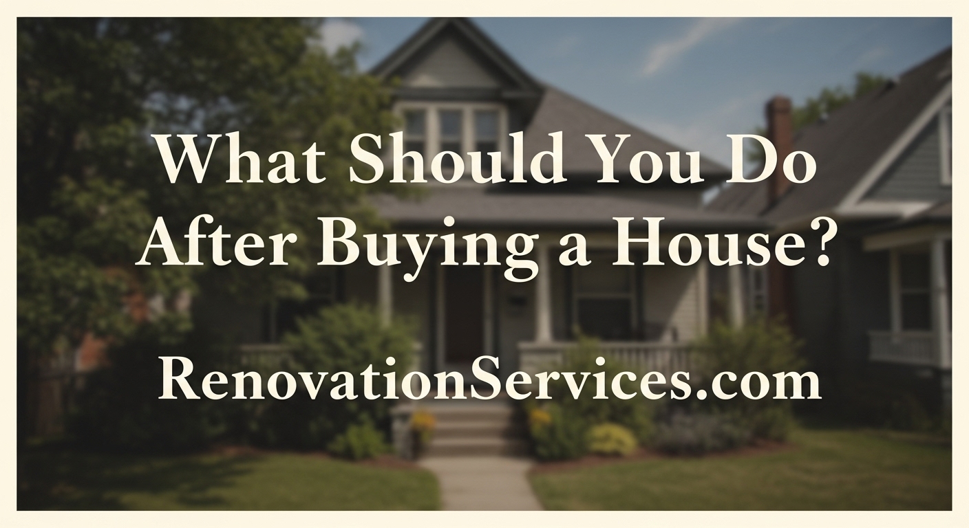 A beautiful home with the text "What Should You Do After Buying a House?" from Renovationservices.com overlaid.