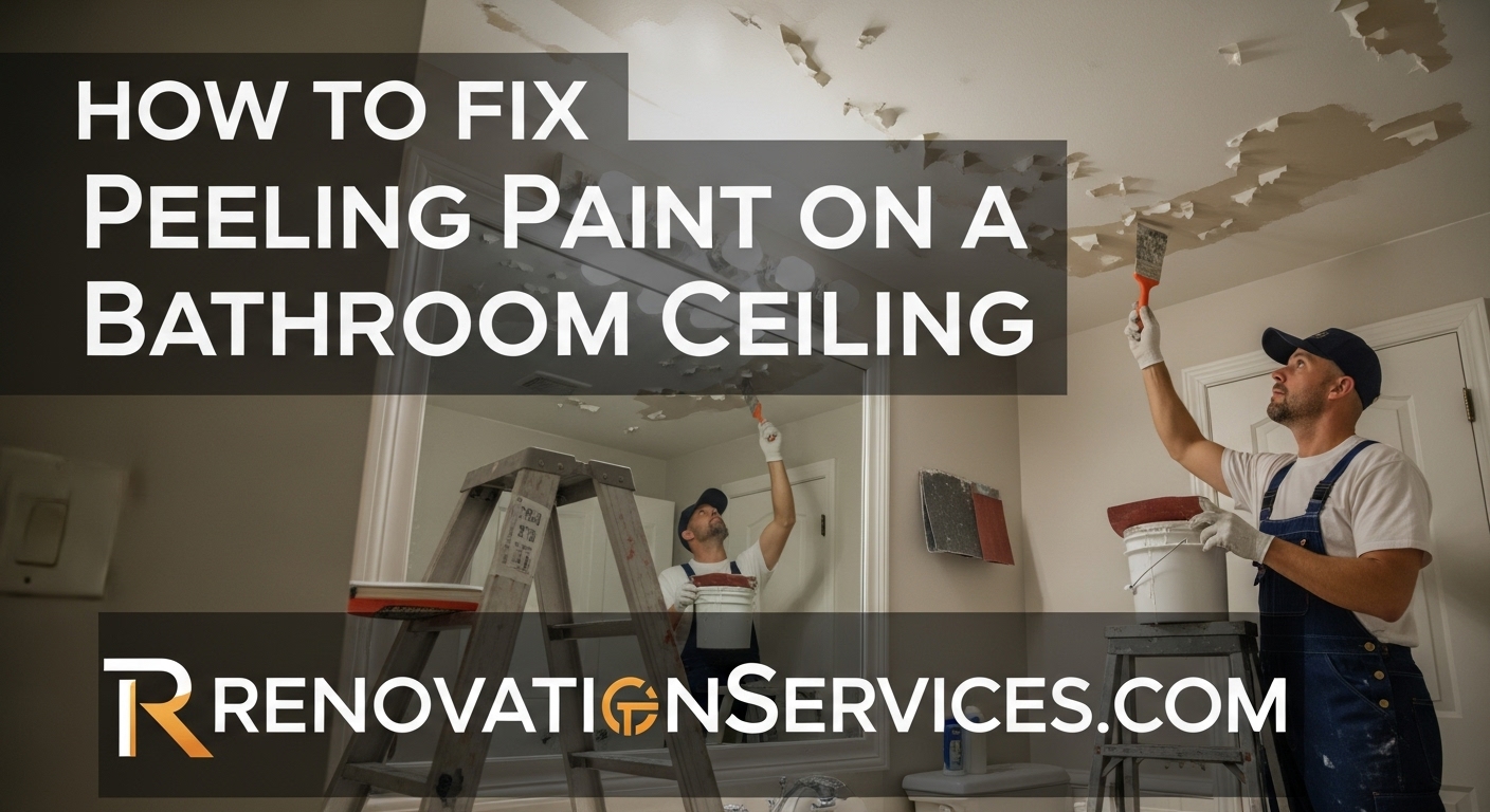 A close-up of peeling paint on a white bathroom ceiling, showing the damage caused by moisture.