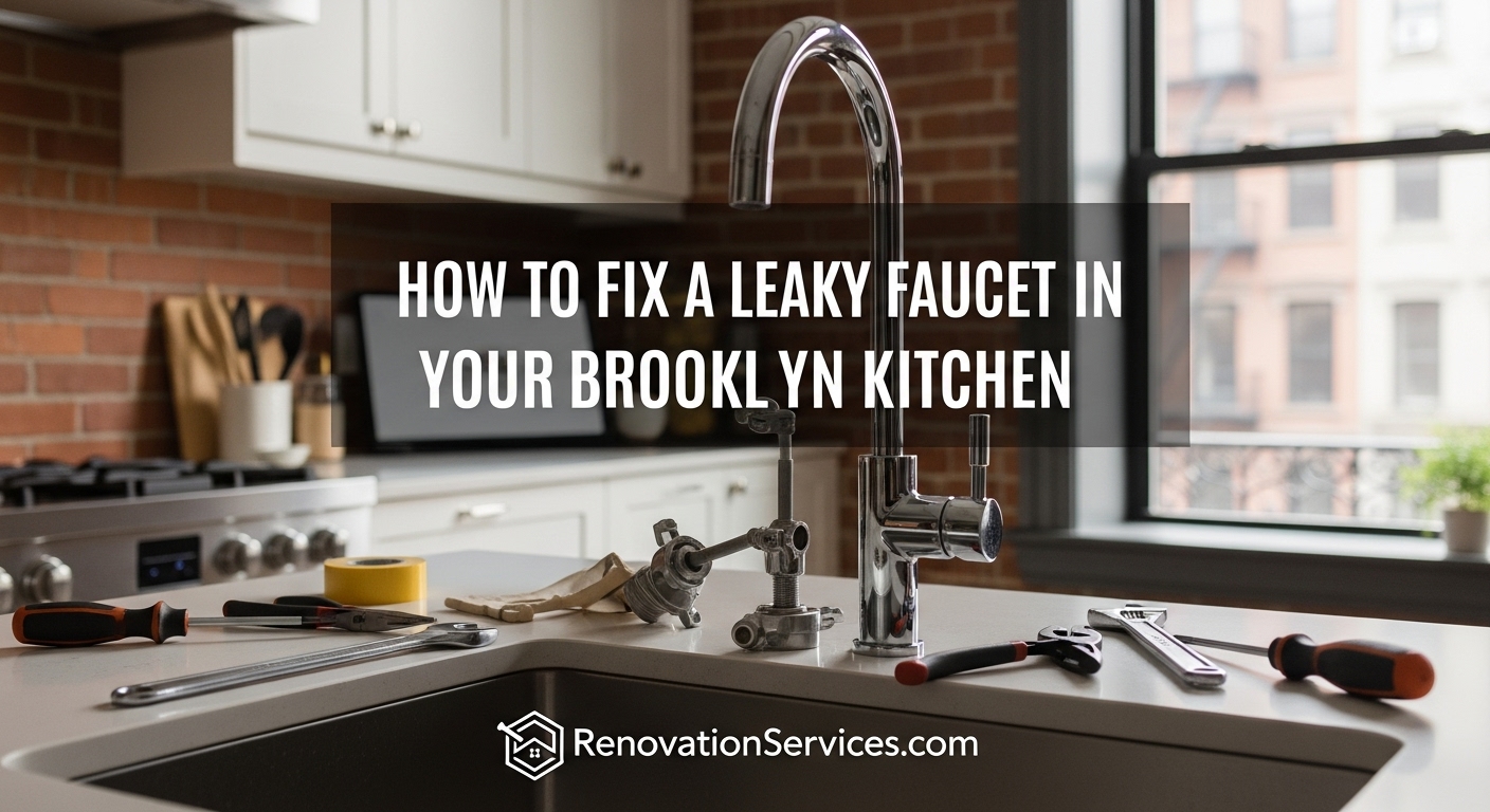 A close-up of a leaky kitchen faucet in a Brooklyn apartment, with a water drip captured mid-fall.