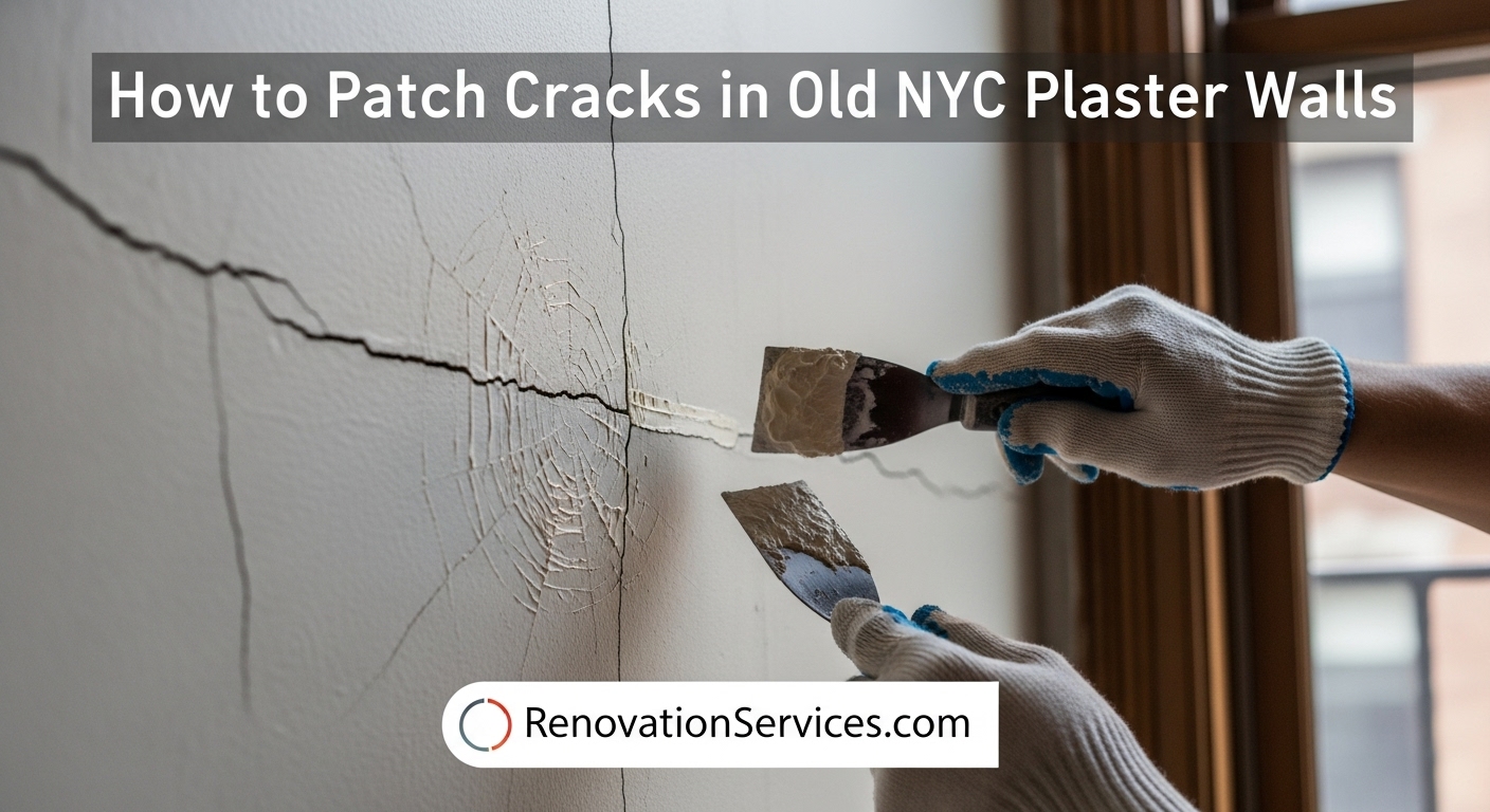 A professional patching a cracked plaster wall in a pre-war NYC apartment, demonstrating the proper repair technique.