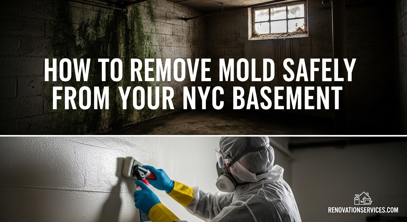 A professional in full PPE gear treating a moldy basement wall, showcasing safe mold remediation.