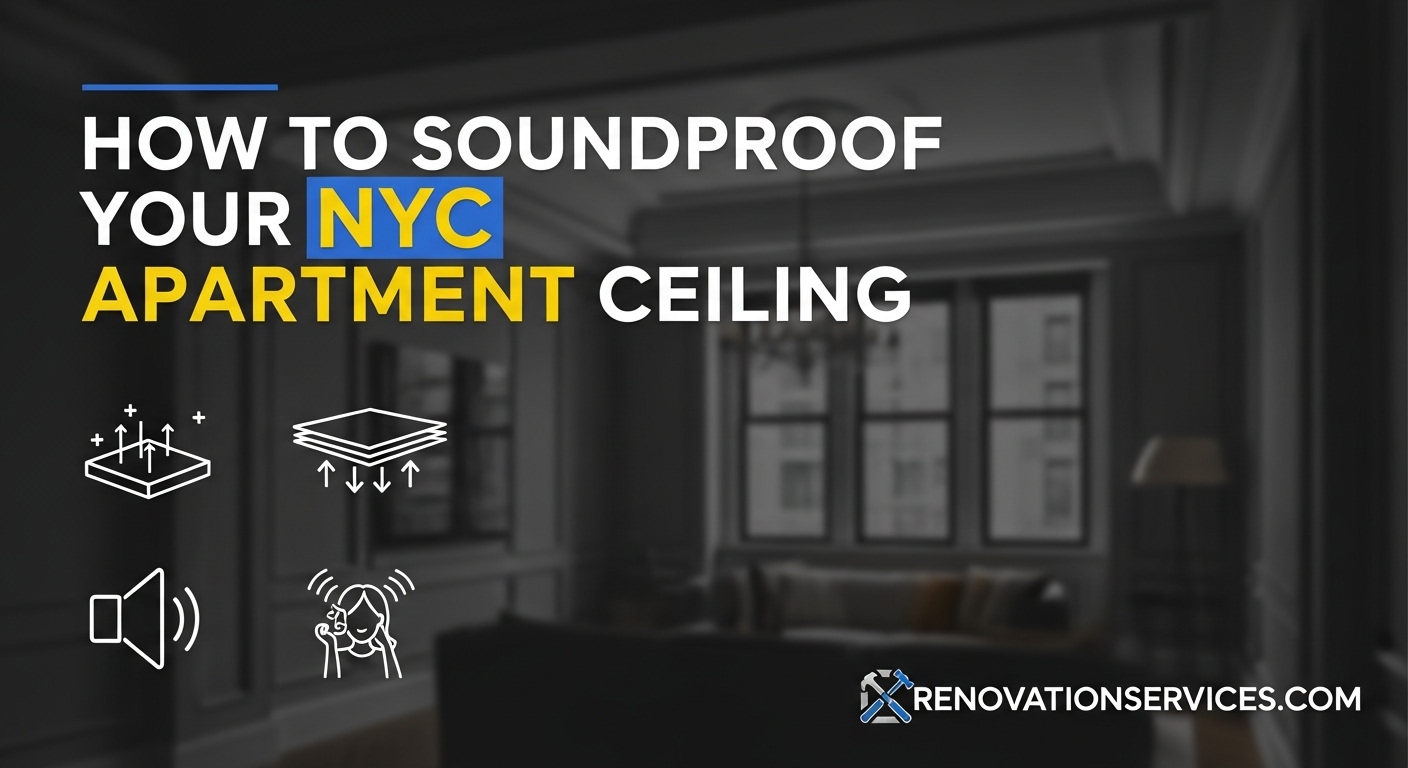 A quiet NYC apartment living room with soundproofing icons, illustrating the concept of the ceiling soundproofing guide.
