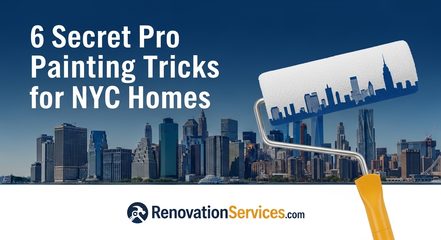 A paint roller with the NYC skyline stenciled on it held up in front of the actual Manhattan skyline, representing home painting services.