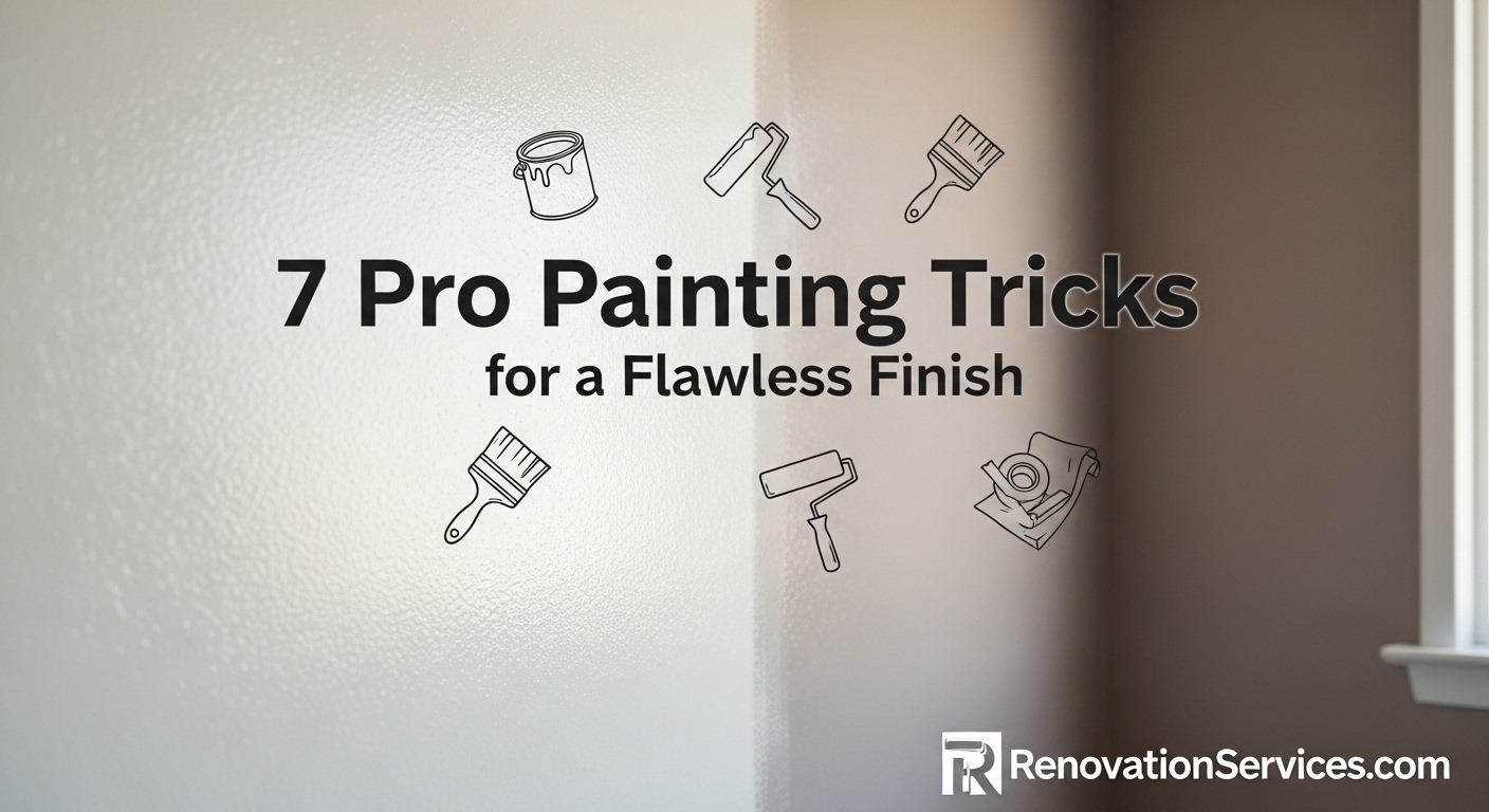 A collection of pro painting tools, including a paint roller wrapped in tape to remove lint, a brush being modified with tape, and a can of paint.