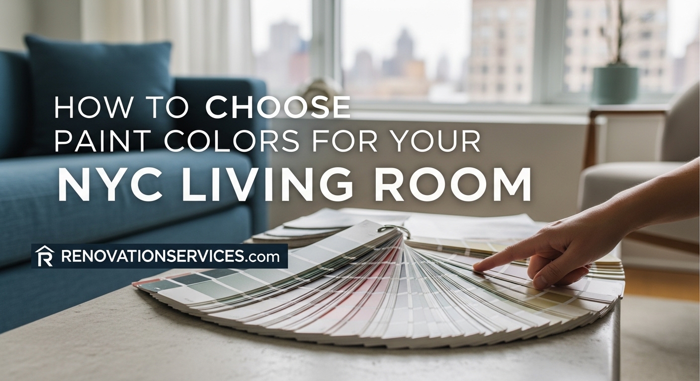 A modern NYC living room with light gray walls and a large window, demonstrating how the right paint color enhances light and space.
