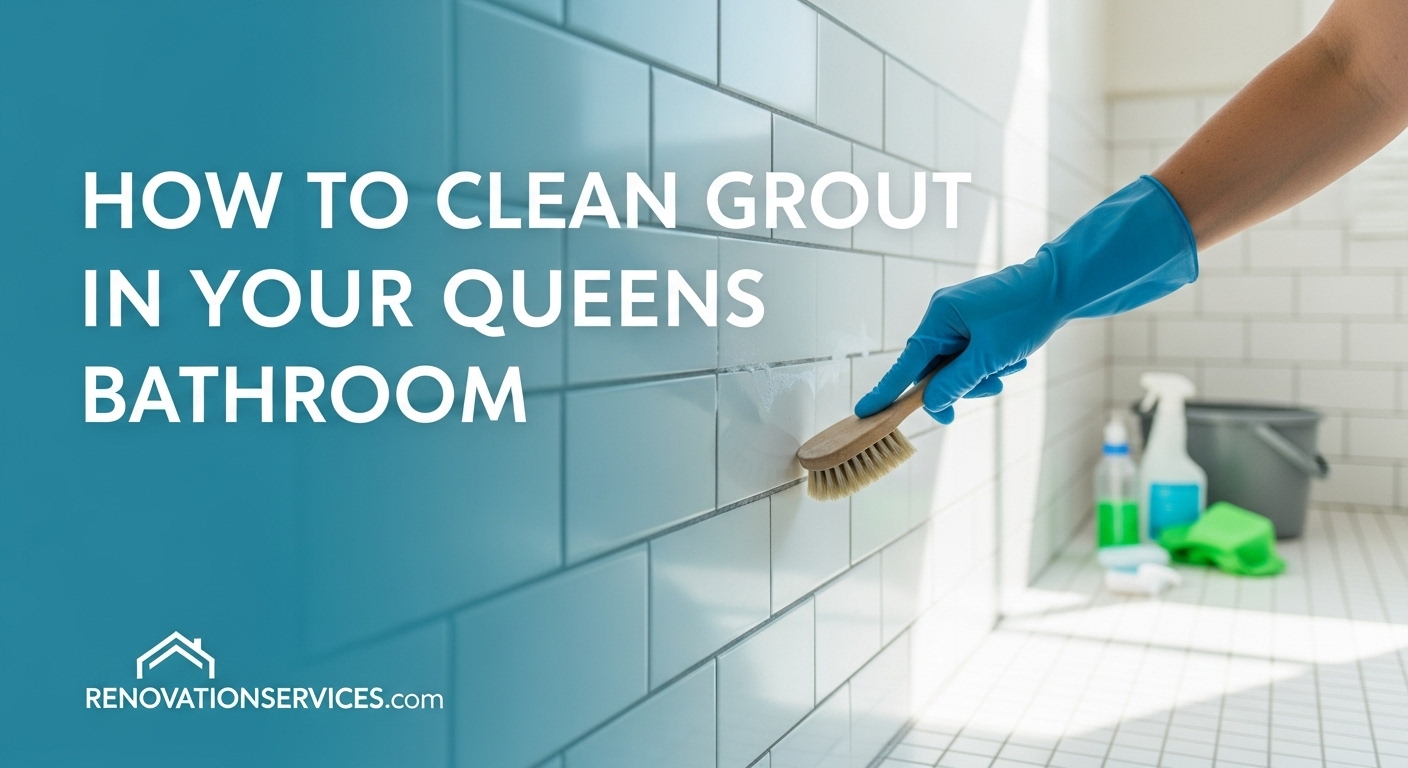 A hand in a blue glove using a brush to scrub the grout lines of a white subway tile wall in a Queens bathroom.