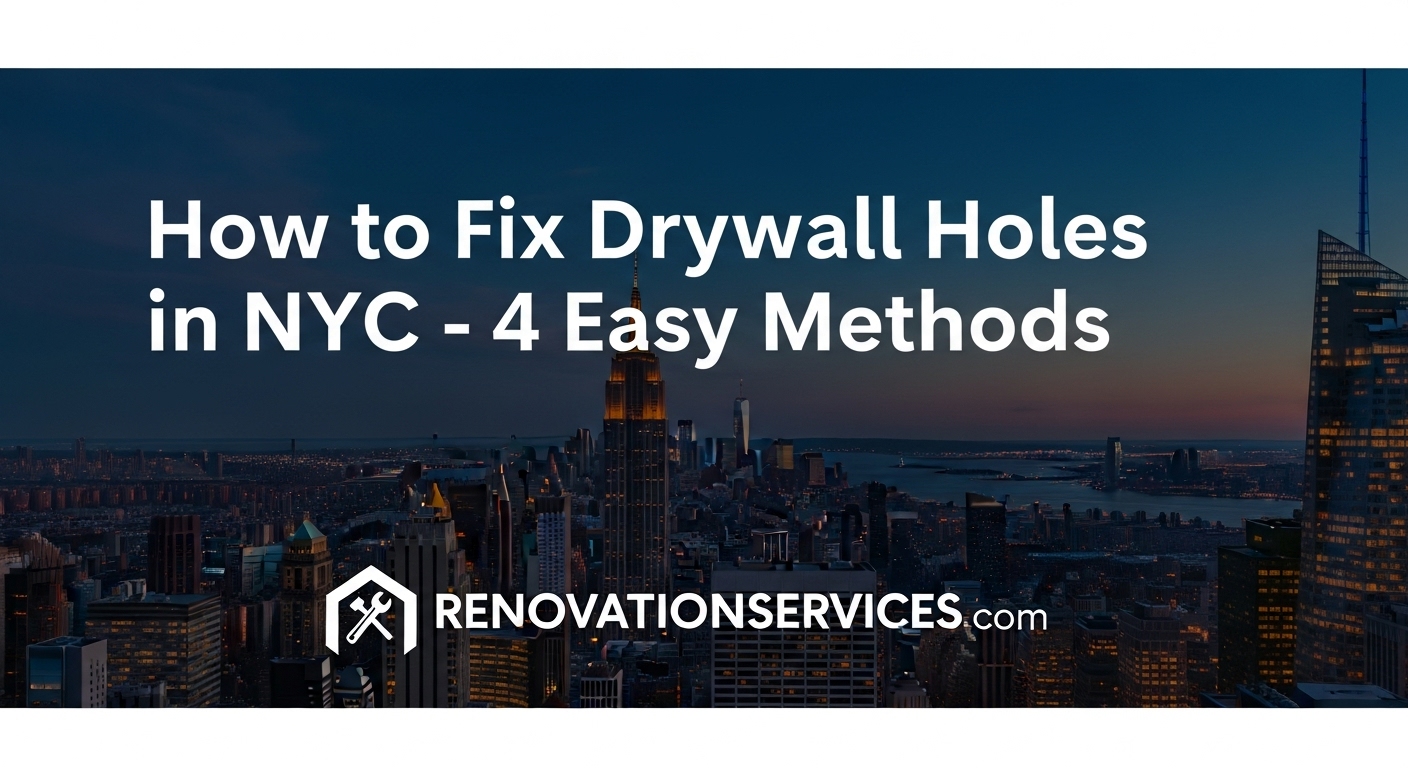 An evening view of the NYC skyline with text overlay reading "How to Fix Drywall Holes in NYC - 4 Easy Methods."
