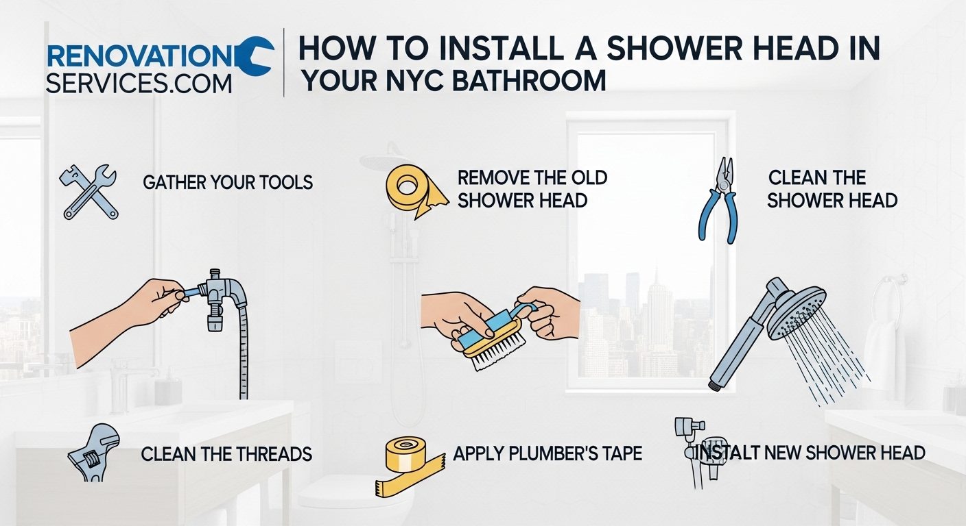 An infographic illustrating the 8 steps to properly install a new shower head in an NYC bathroom.
