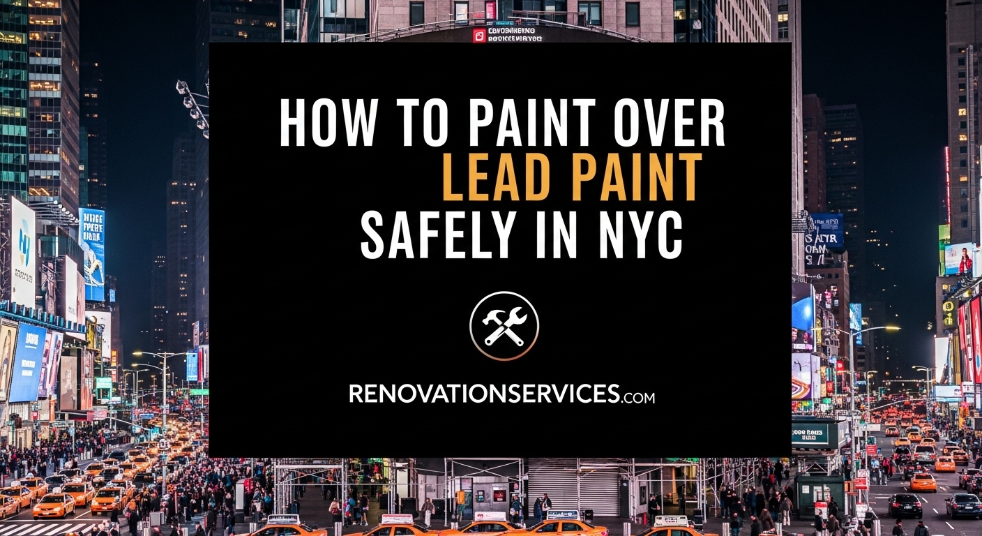 A graphic with the text "How to Paint Over Lead Paint Safely in NYC" over a nighttime photo of Times Square.