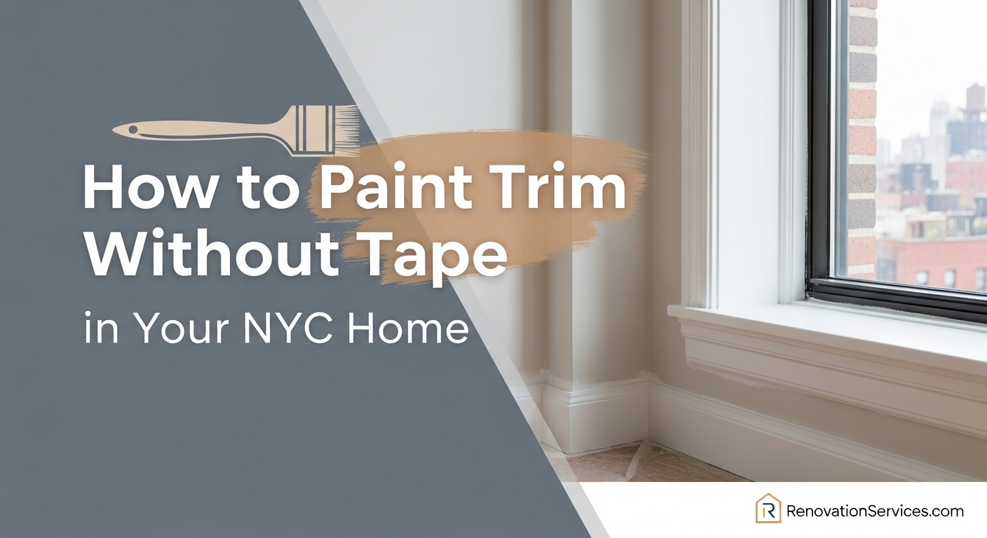 A professional painter's steady hand using an angled brush to "cut in" a perfectly straight paint line on white trim in an NYC home.