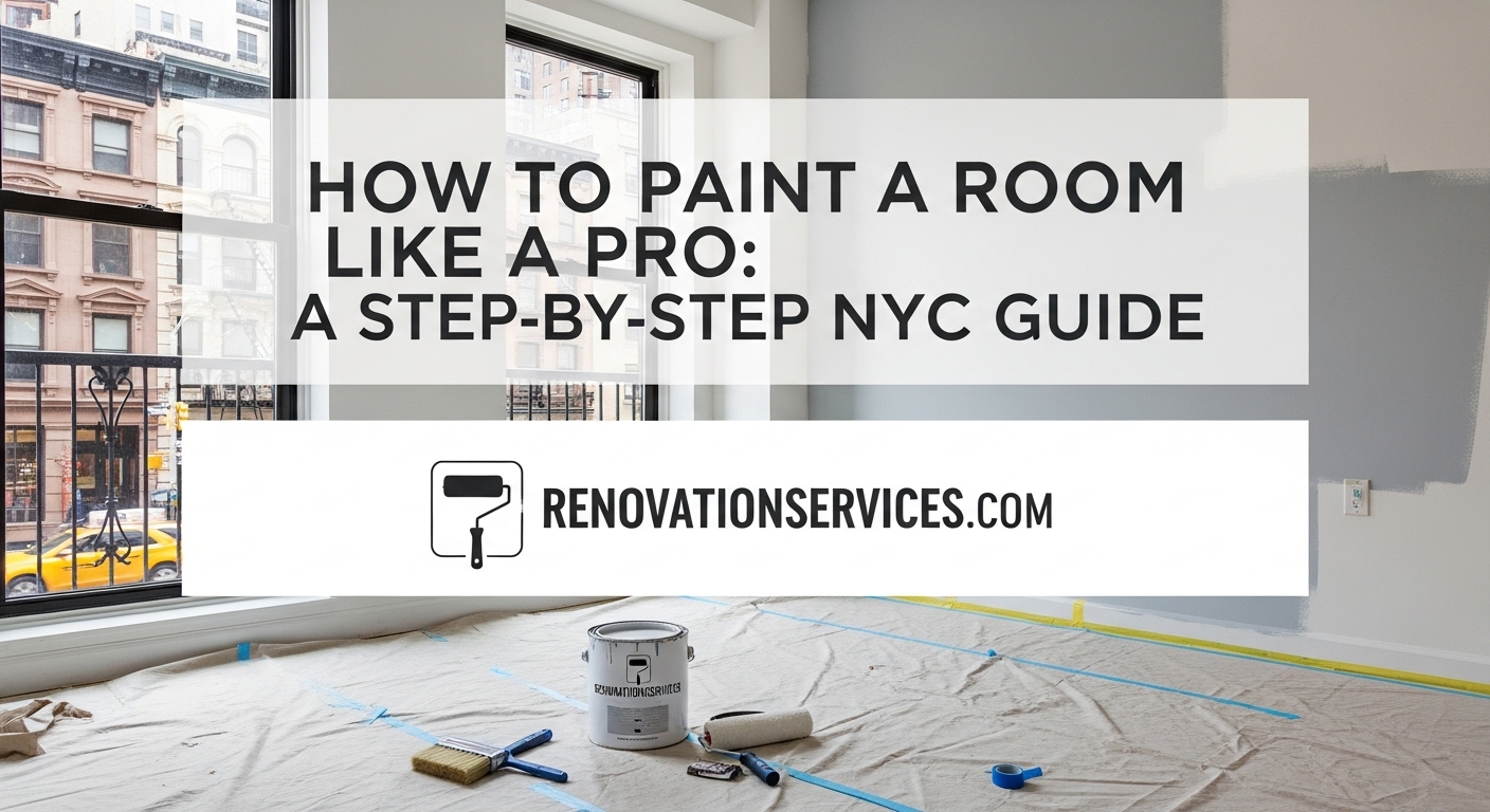 A partially painted grey wall in a NYC apartment with a canvas drop cloth, paint can, roller, and brushes on the floor.