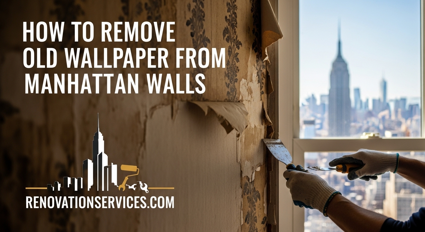 A professional removing old, damaged wallpaper from a pre-war Manhattan apartment wall with a scraper.