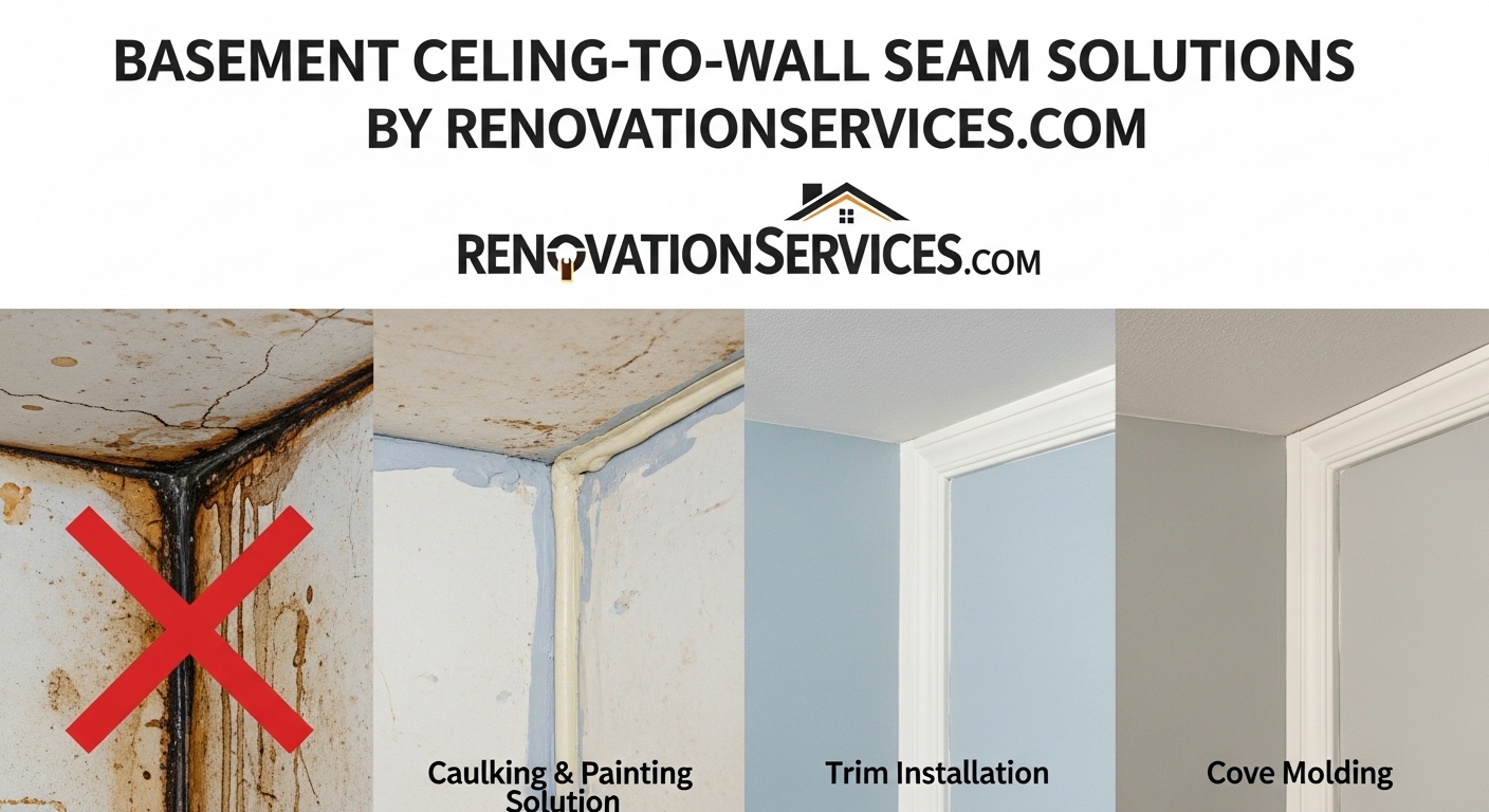 Comparison of four basement ceiling-to-wall seam solutions: dirty cracked corner, caulk repair, square trim installation, and cove molding.