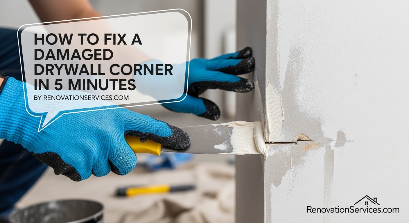 Contractor in blue gloves applying joint compound to fix a dented drywall corner with a 6-inch taping knife.