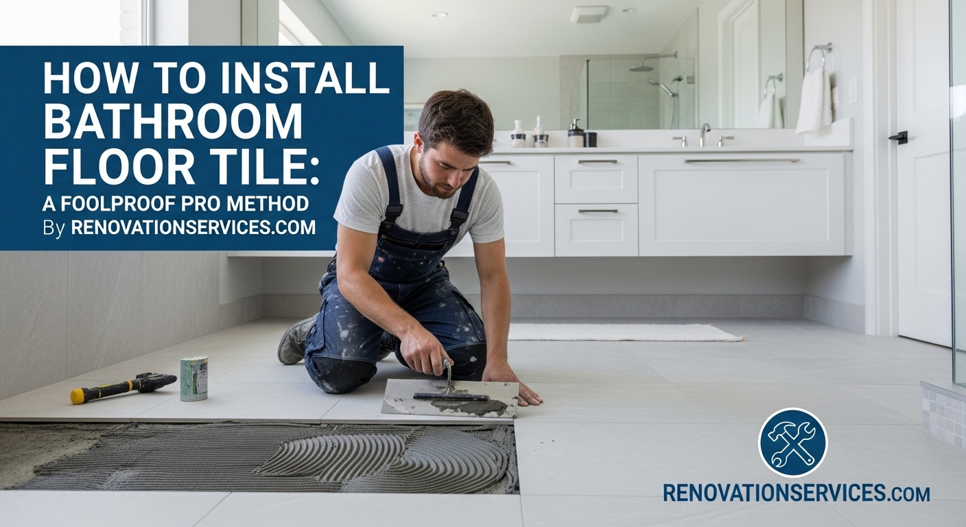 Contractor in blue overalls installing large format gray bathroom floor tiles over a combed thin-set bed with a trowel.