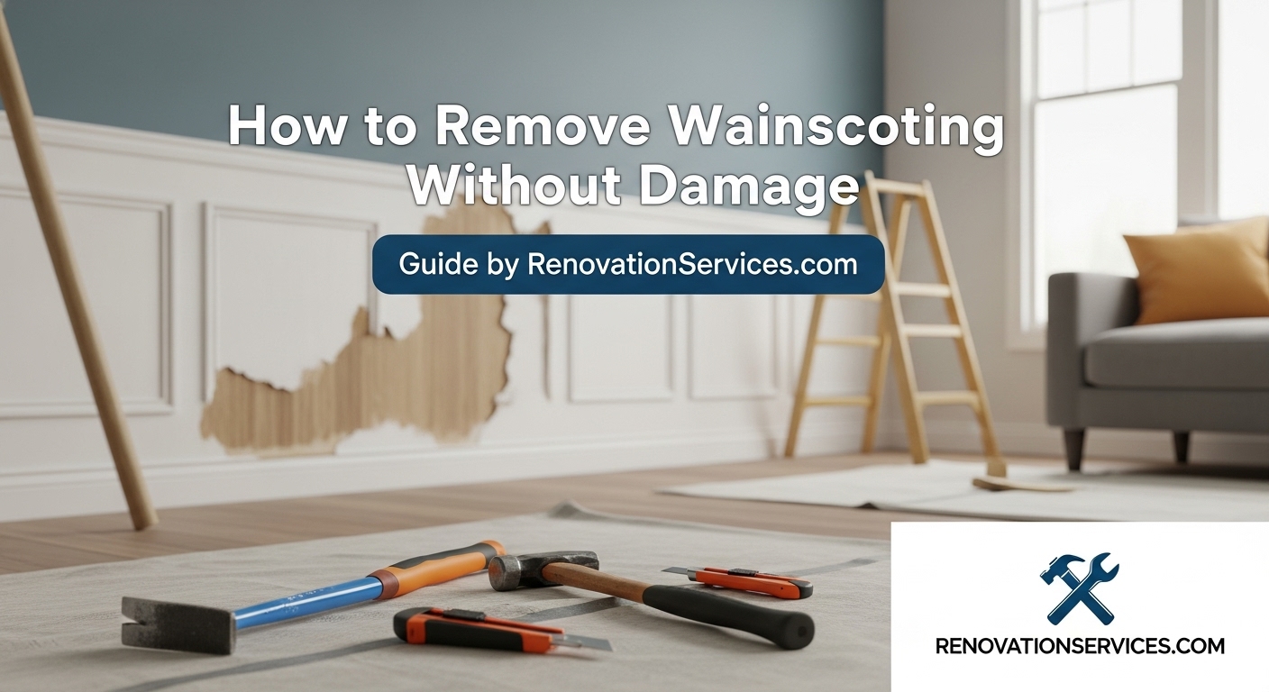 Tools for removing wainscoting including a pry bar, hammer, and utility knife on a floor in front of a partially demolished wall.