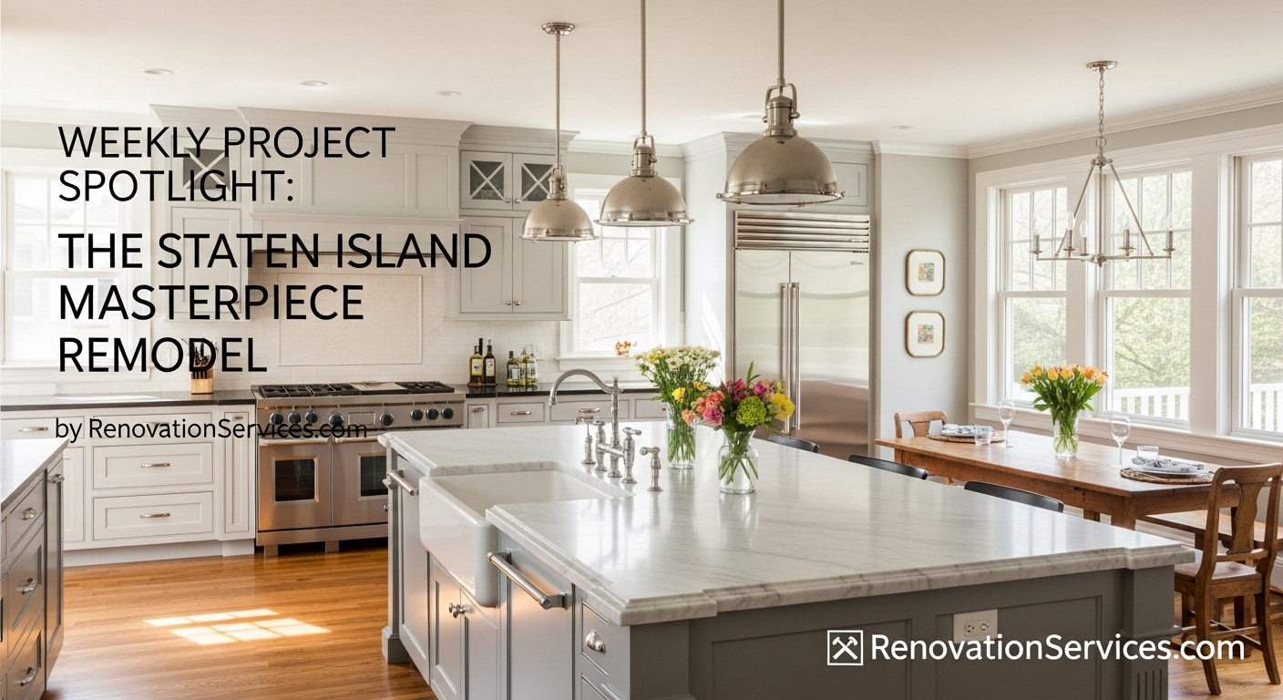 High-end renovated open-concept Staten Island kitchen featuring a large marble island, farmhouse sink, and custom gray cabinetry.