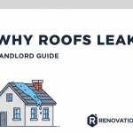 A close-up of water dripping from a ceiling leak into a bucket, with a blurred background of a frustrated landlord on the phone.