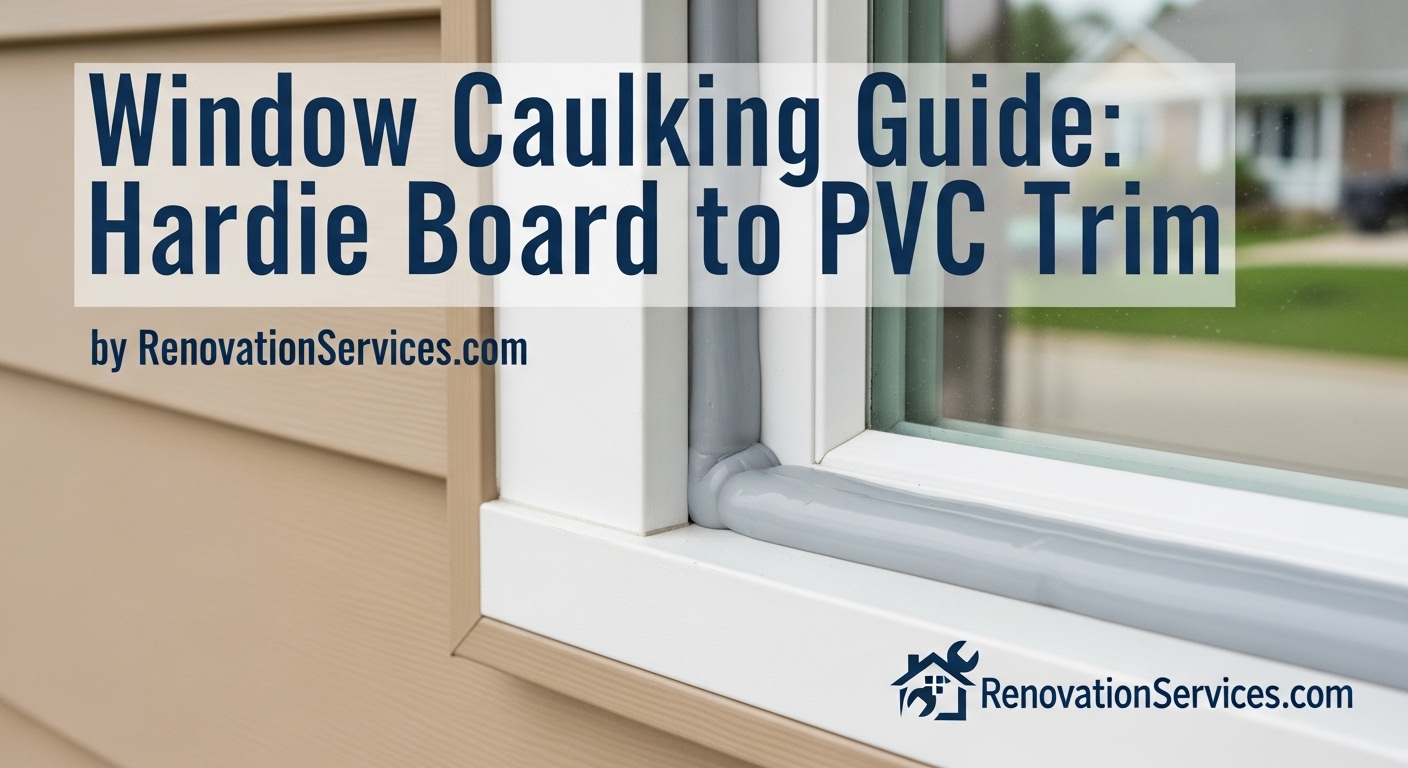 Close-up of a window corner showing proper grey caulking between white PVC trim and tan Hardie board siding.