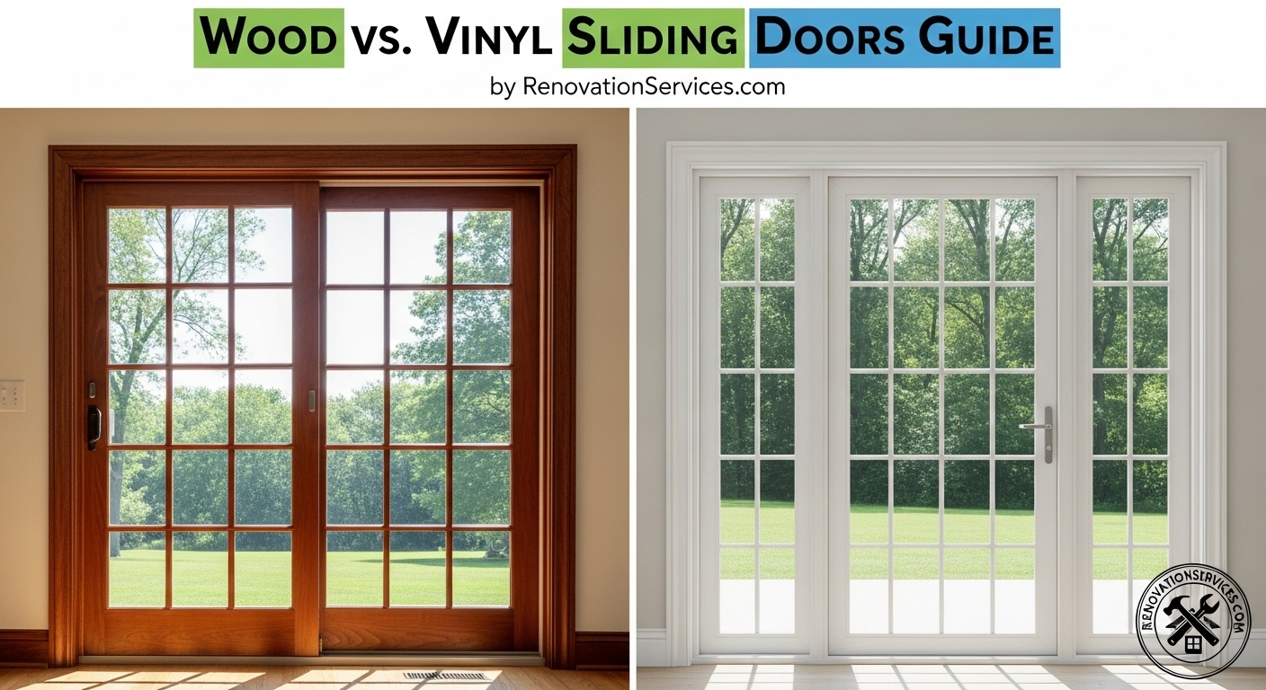 Side-by-side comparison of a rich brown wood sliding patio door and a modern white vinyl sliding patio door.